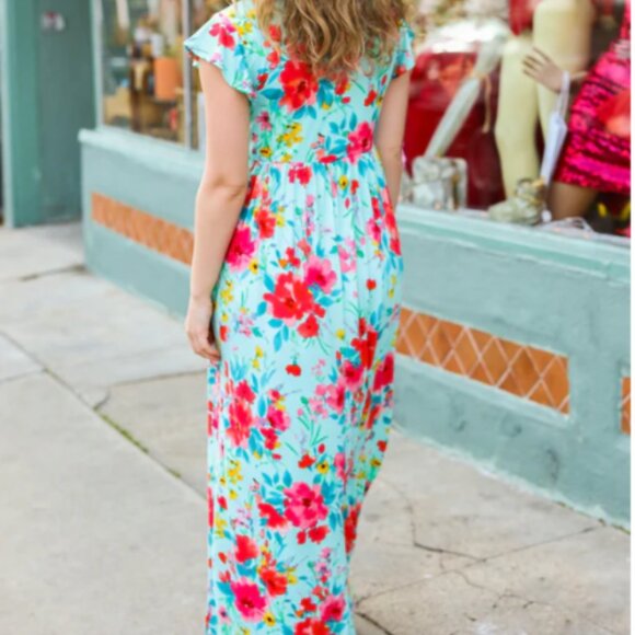 HAPTICS What A Vision Aqua Floral Fit & Flare Maxi Dress SMALL - Picture 2 of 3
